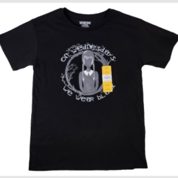 Wednesday Addams Short Sleeve Graphic T-Shirt Large 10-12 Black Netflix NWT - Picture 1 of 6